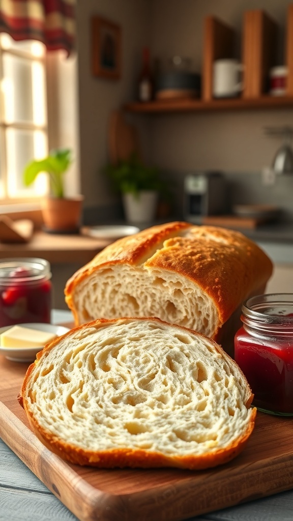 Sliced breakfast bread on a wooden board with butter and jam, in a cozy kitchen.